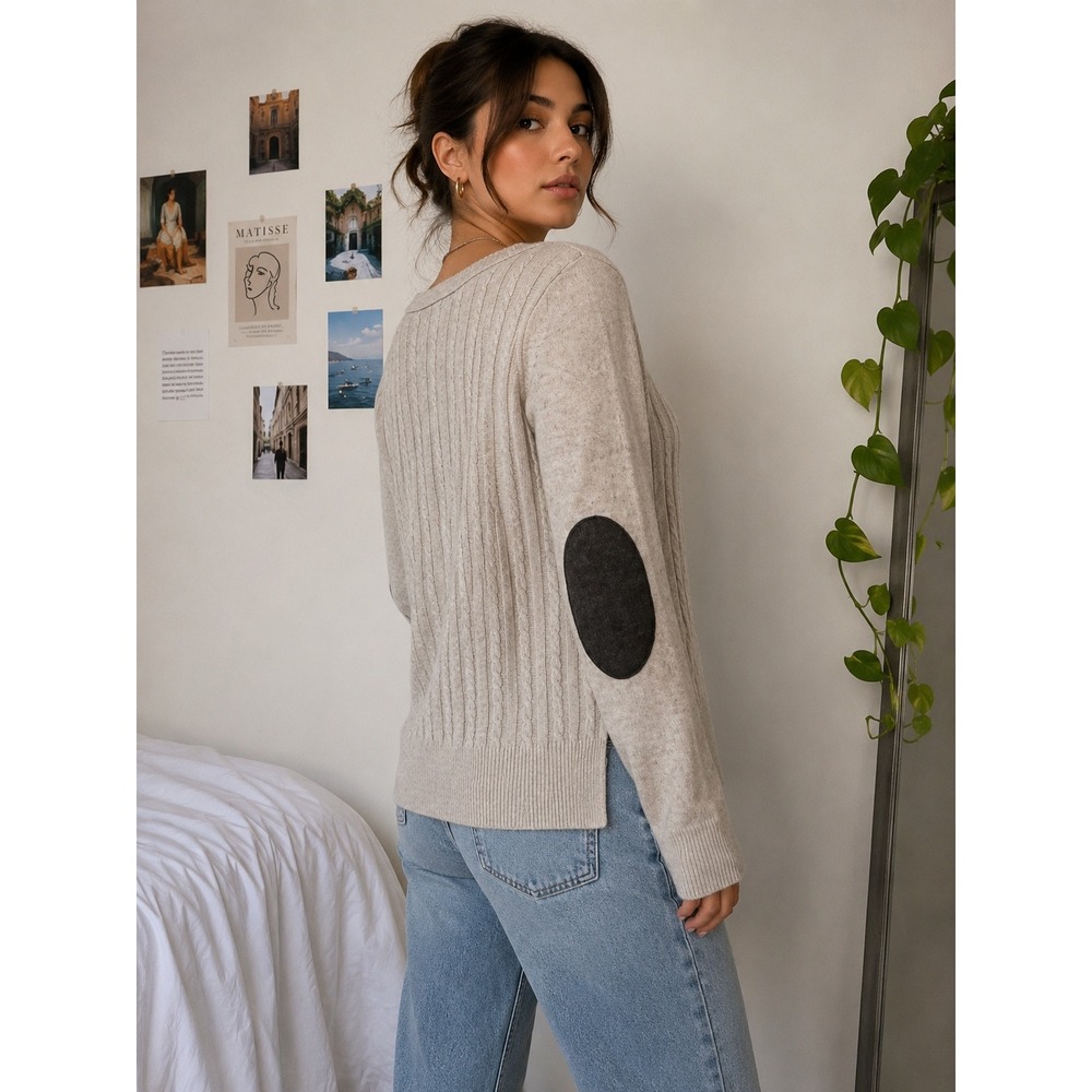 AQUA Cashmere Cable Knit Sweater Elbow Patch Women S Beige Oatmeal Minimalist